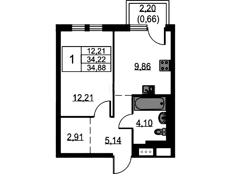 1-комнатная квартира 34.88 м², 6/18 эт., ЖК «Невская Долина»